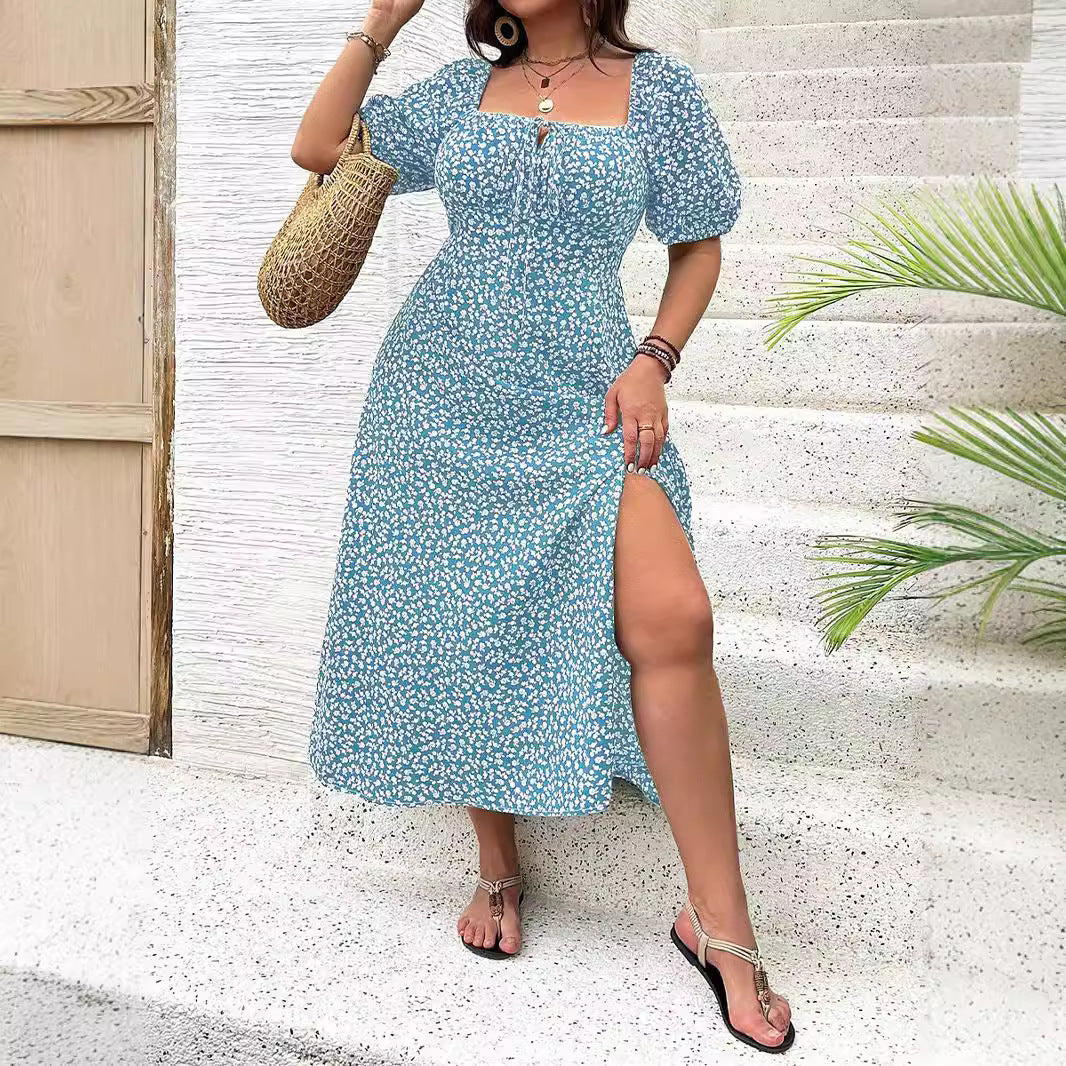 Square Collar Floral Print Milk Maid Dress