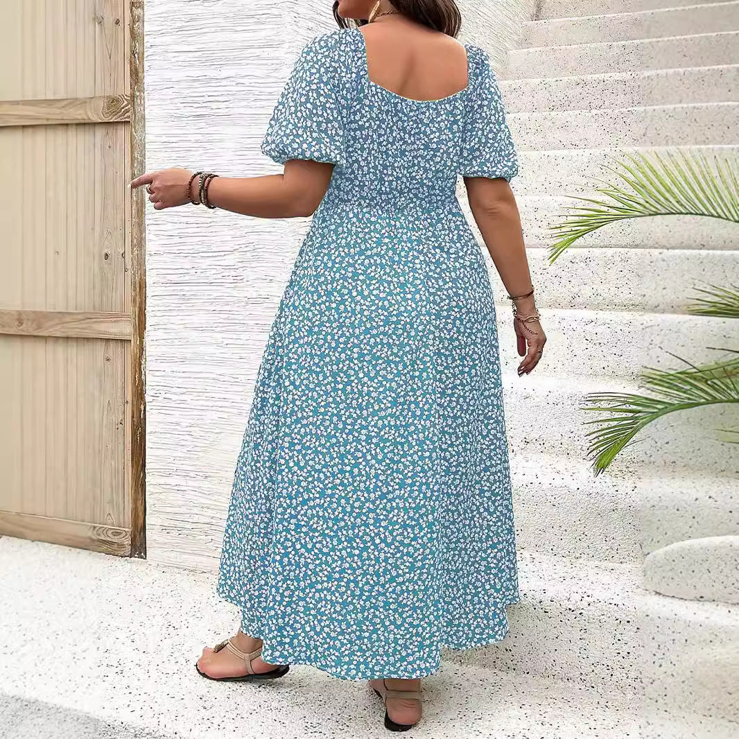 Square Collar Floral Print Milk Maid Dress
